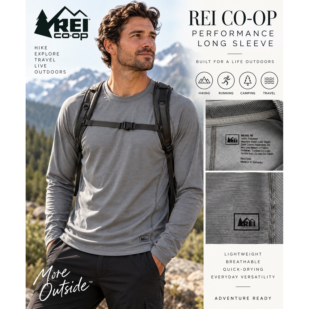 REI Men's Medium Gray Micro Stripe Performance Long Sleeve Hiking Shirt